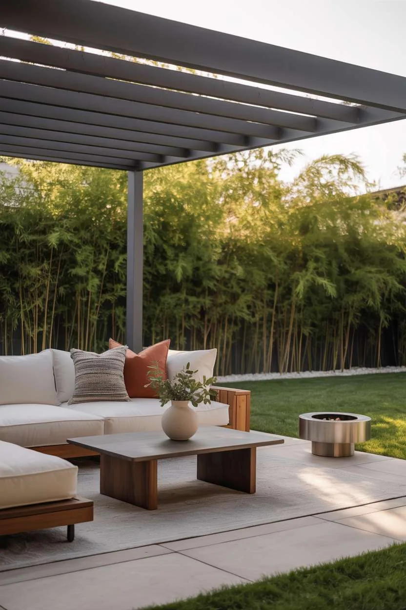 Wooden pergola with climbing vines over grey sectional sofa on concrete patio