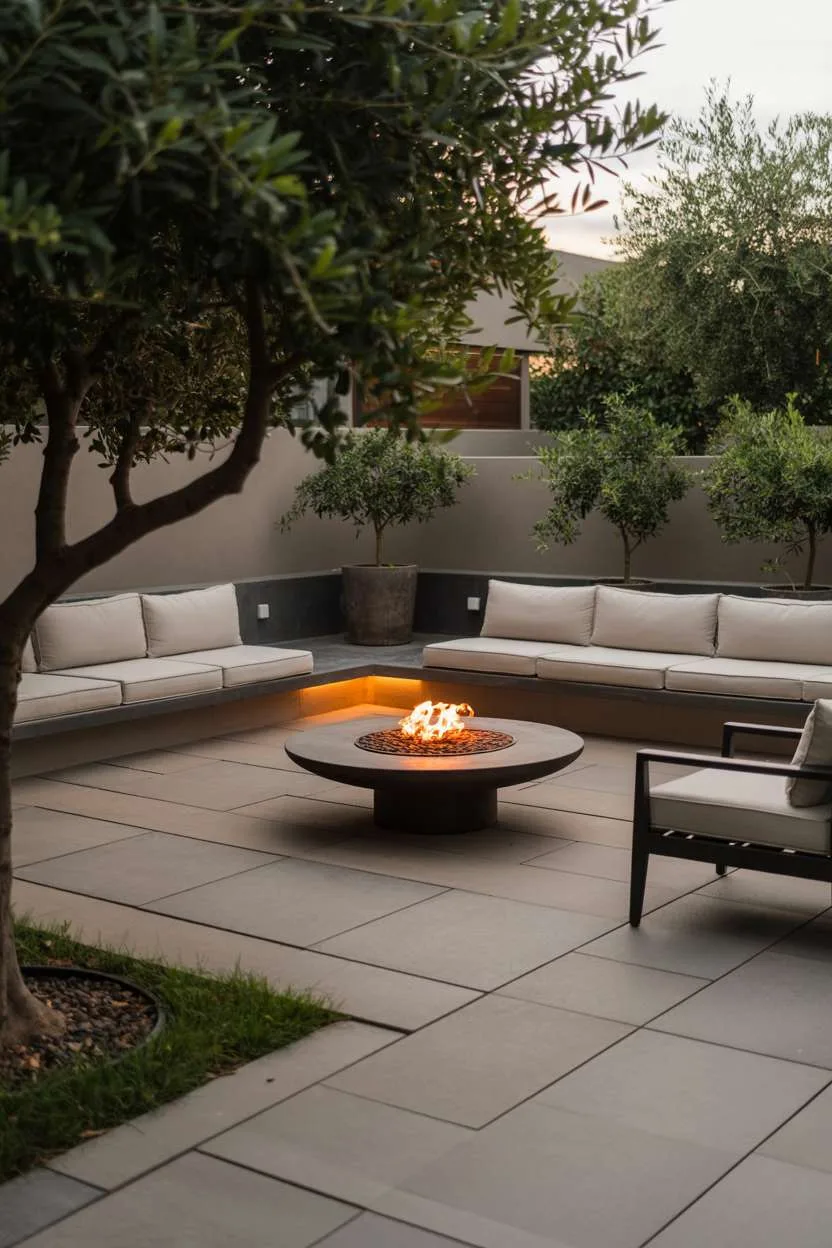 Sectional sofa with stone pathway leading to black pergola with climbing vines