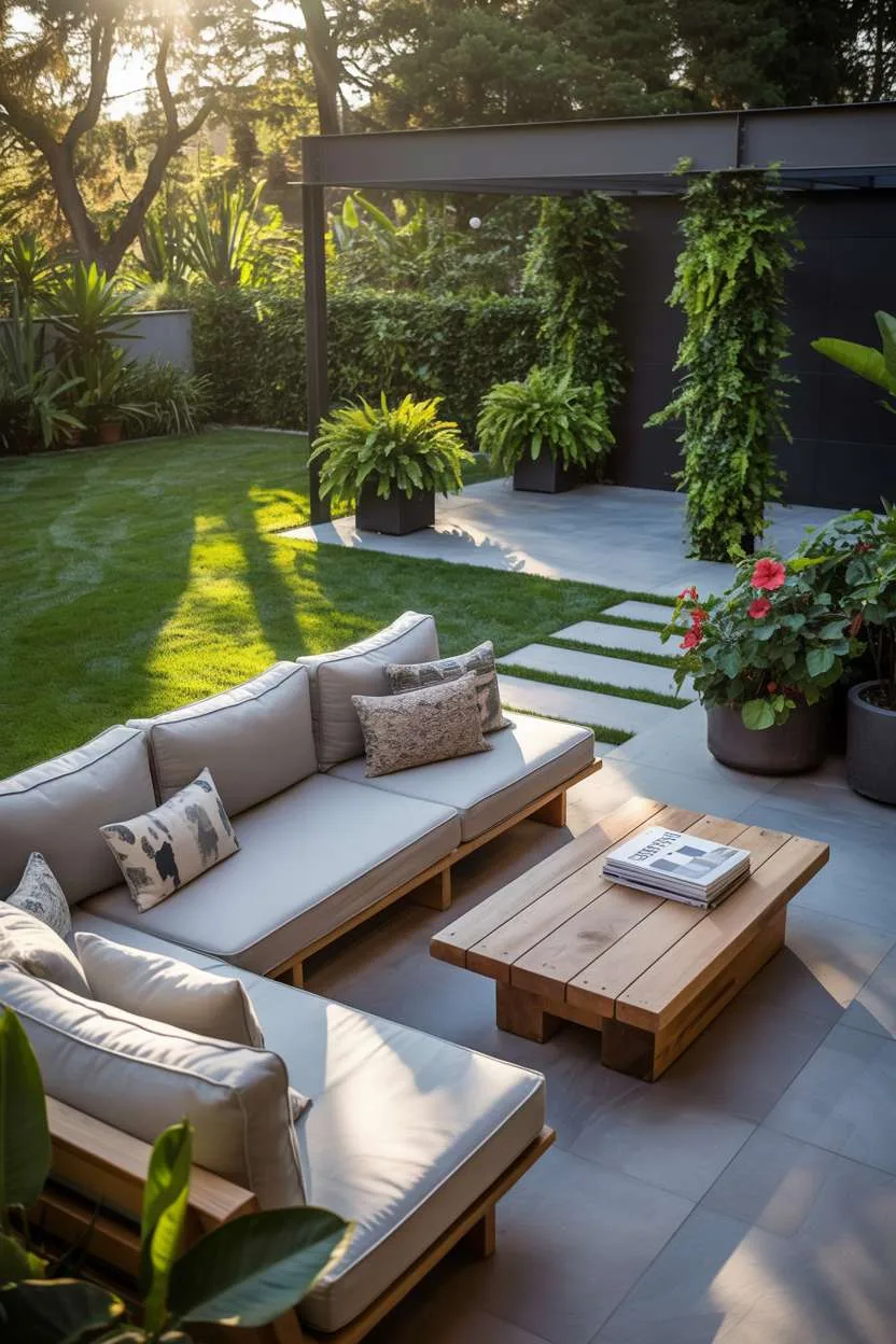 Cream sectional sofa with white lily centerpiece under wisteria pergola