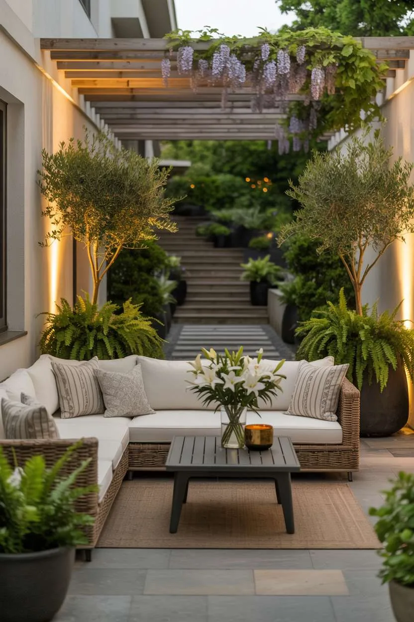 Cream sectional sofa with teak coffee table under Edison bulb string lights