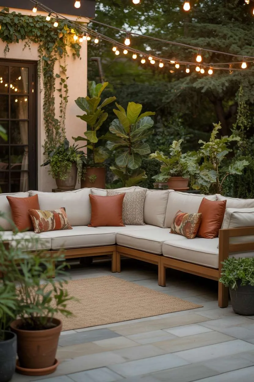Cream linen sectional sofa with patterned pillows and fiddle-leaf fig on stone patio with string lights