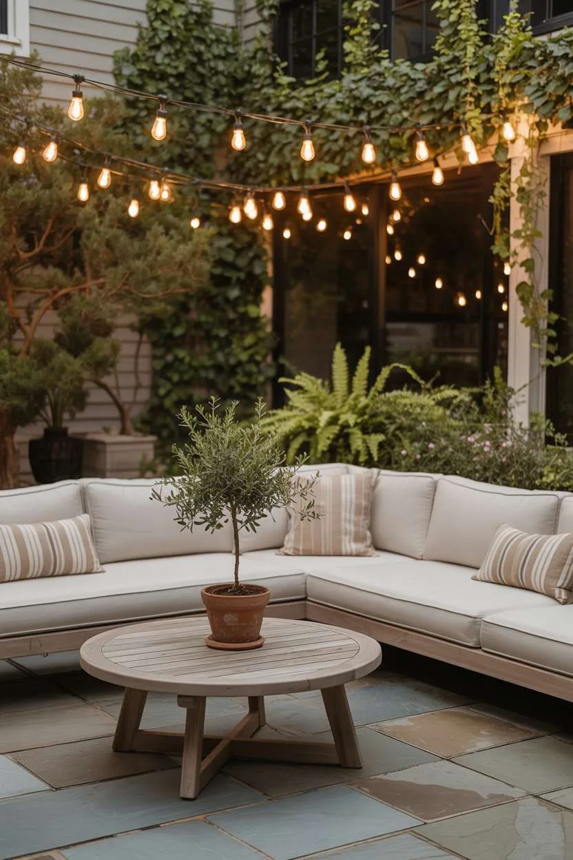 Modern sectional sofa with patterned pillows and woven rug on stone tile patio
