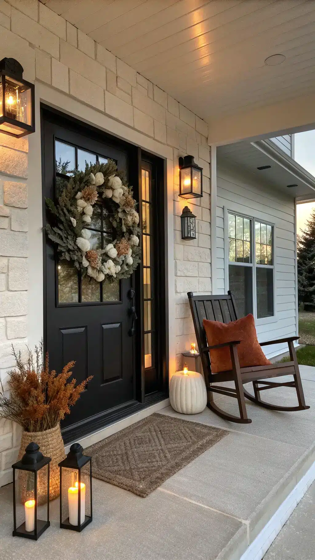 Cozy farmhouse porch at twilight with a matte black door featuring a large wreath, black lanterns with candles, and a rocking chair draped with a cream throw and rust-colored cushion.