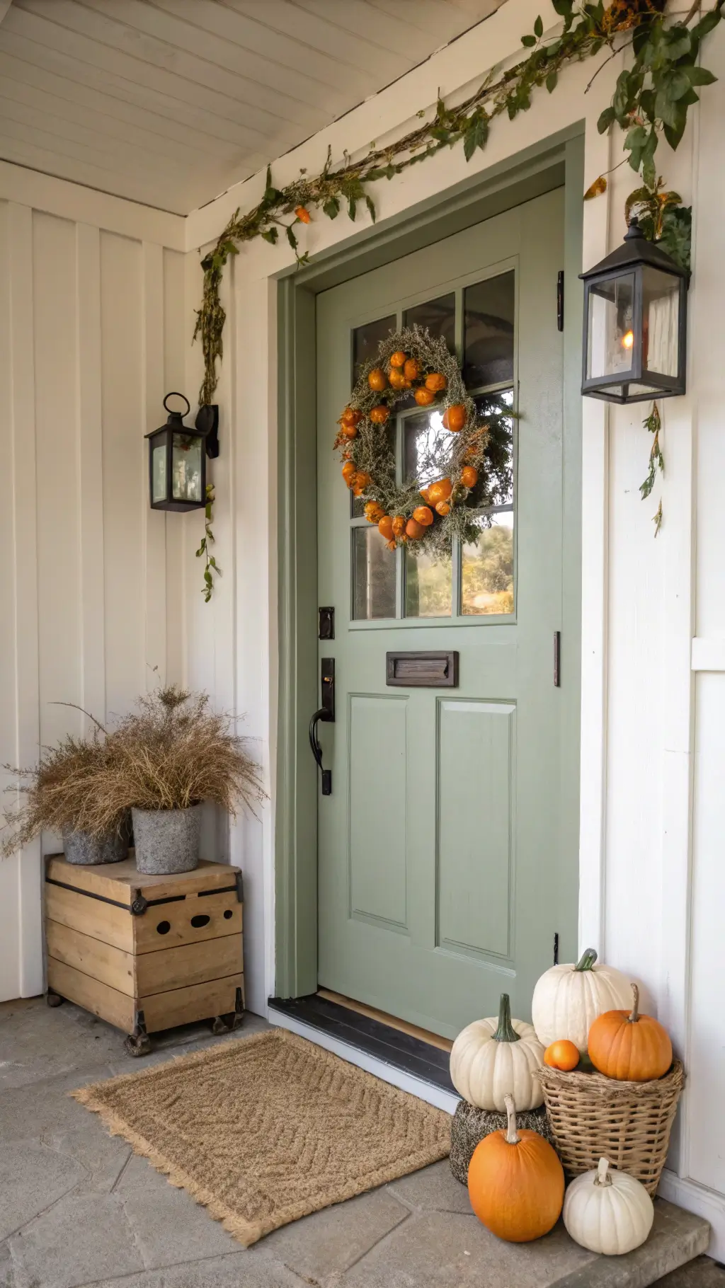 Charming cottage entrance with a sage green Dutch door adorned with a grapevine wreath, complemented by a vintage wooden crate filled with heirloom pumpkins under soft morning light.