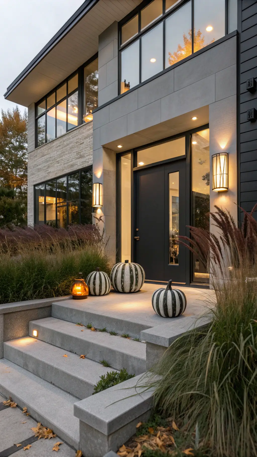 Modern urban doorway with floor-to-ceiling glass, gray door, minimalist fall decor featuring striped pumpkins on concrete steps, and a planter with burgundy ornamental grasses.