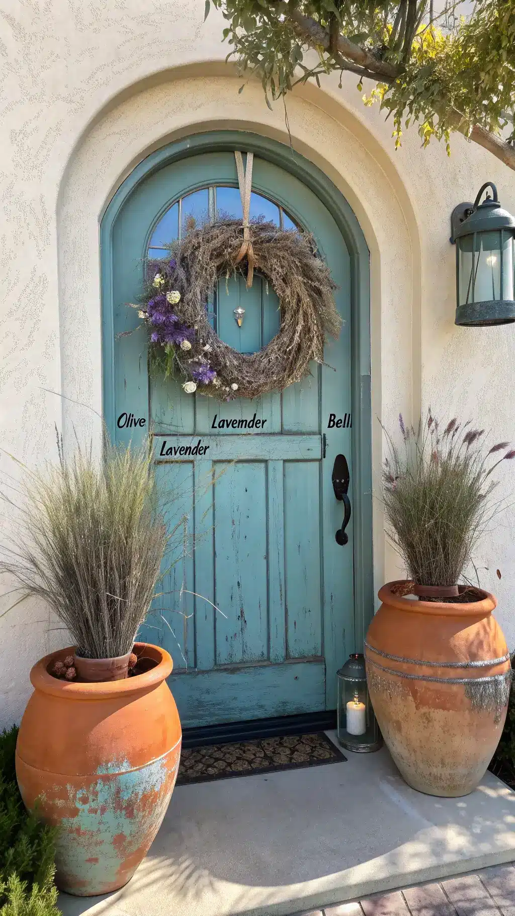 Mediterranean-style arched doorway with a weathered turquoise door, decorated with an olive and lavender wreath, terracotta pots filled with ornamental grasses and late-season sedums, brass bell, and hand-painted house numbers under bright sunlight.