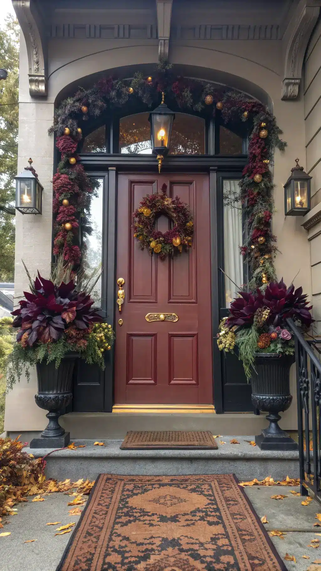 Victorian-style entrance with a deep red door, ornate brass fixtures, fall garlands, antique brass urns filled with calla lilies and elderberries, illuminated by moody natural light.