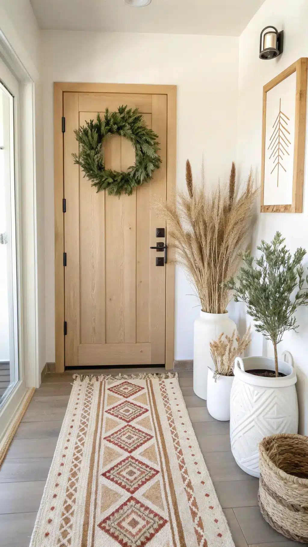 Minimalist Scandinavian entryway with a wooden door, eucalyptus wreath accented with leather, white ceramic vases holding dried botanicals, and a geometric runner rug under bright natural light.