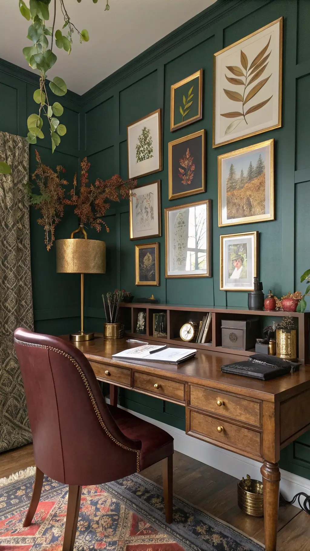 Cozy home office with deep green accent wall, gold frames of pressed autumn leaves, walnut desk, brass and burgundy accents, warm afternoon light