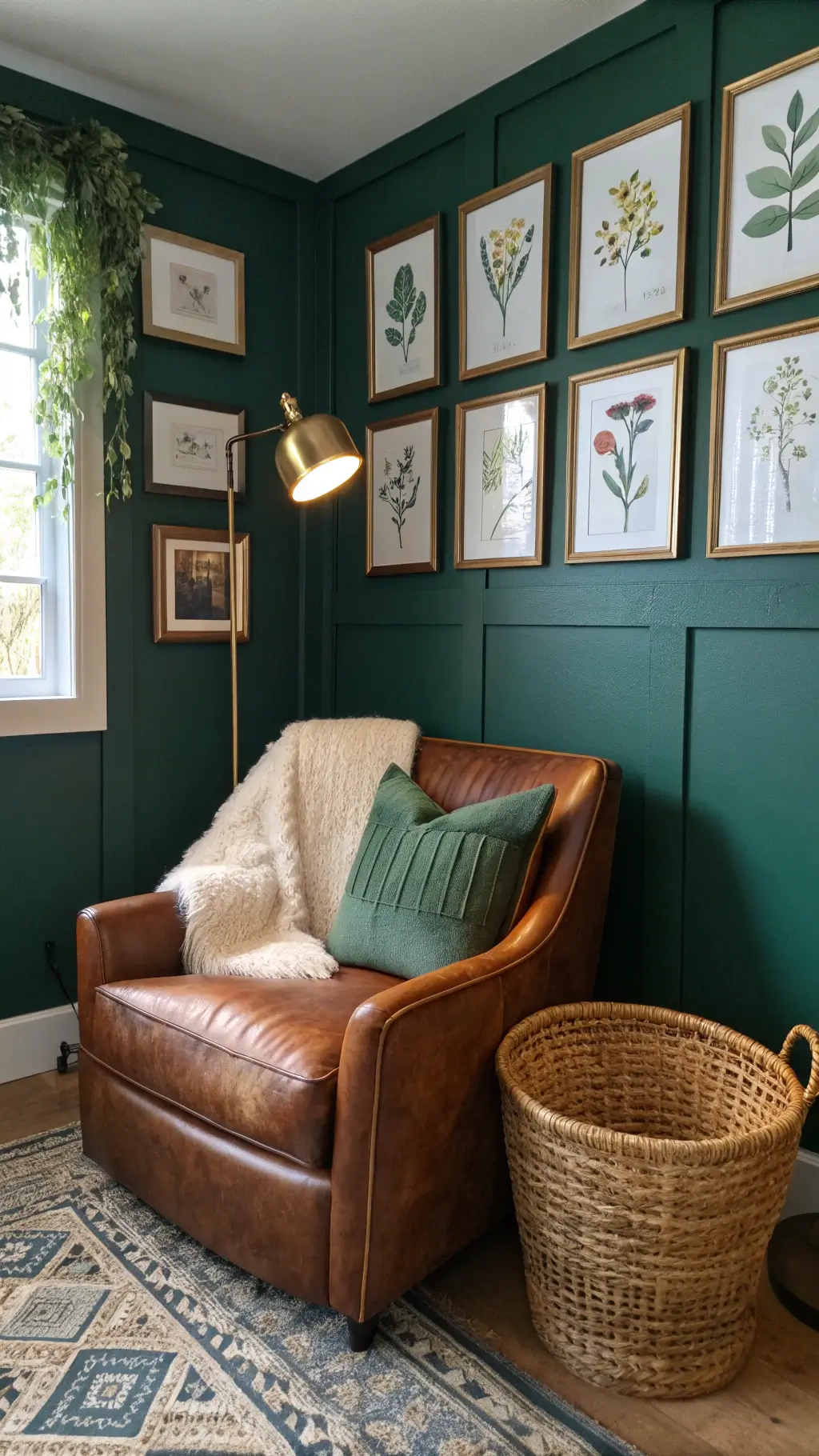 Intimate reading nook with emerald green wall, golden-framed botanical prints, cognac leather armchair, woven basket, and textured accessories