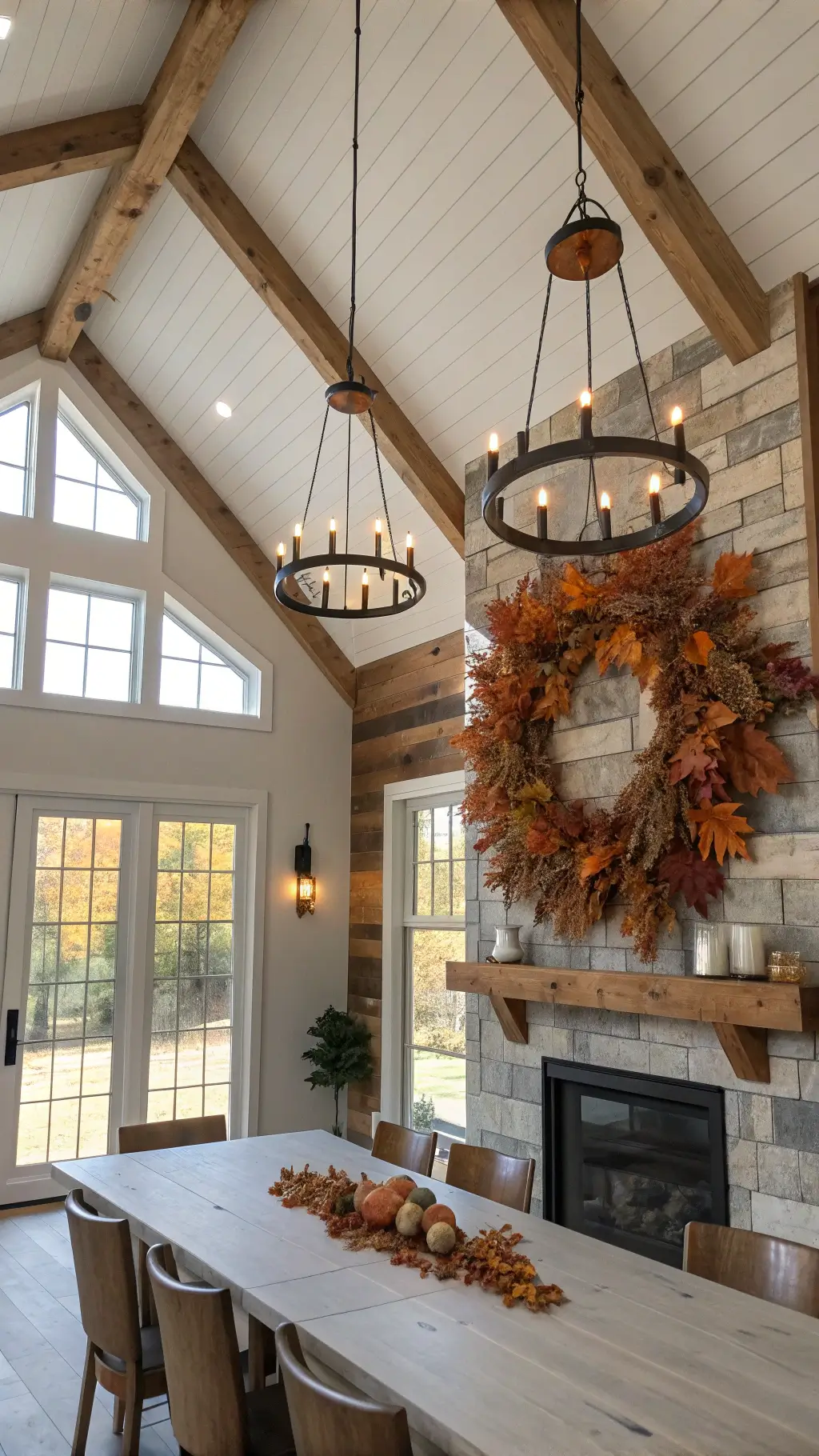 Modern farmhouse dining room with cathedral ceiling, exposed beams, large autumn wreath, vintage bread boards, and antique copper pendants