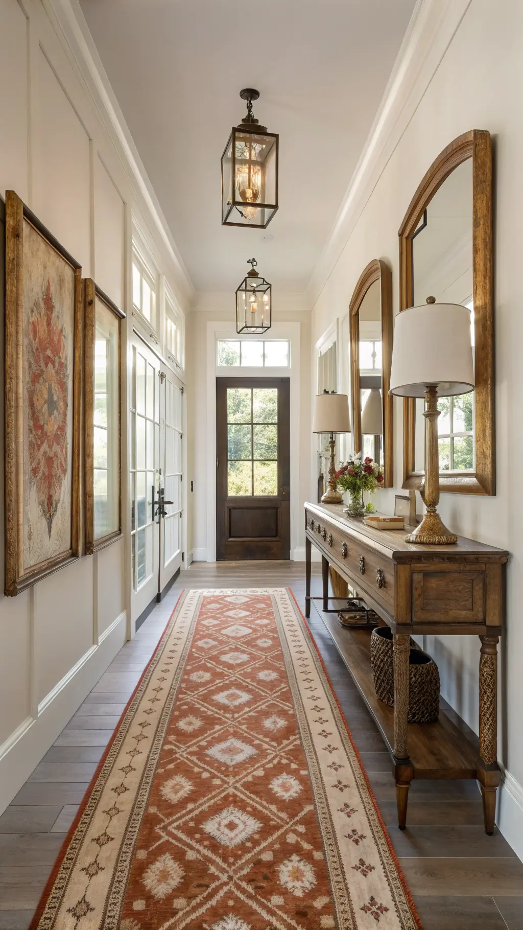 Welcoming entryway with vintage rust and cream runner, three antique gold mirrors, copper lanterns, weathered oak console, amber glass hurricanes, maple leaf arrangements