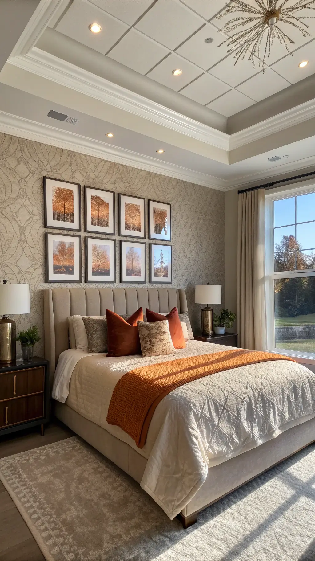 Luxurious master bedroom with tray ceiling, gallery wall of metallic-framed art, king bed, textured layers, grasscloth wallpaper, morning light