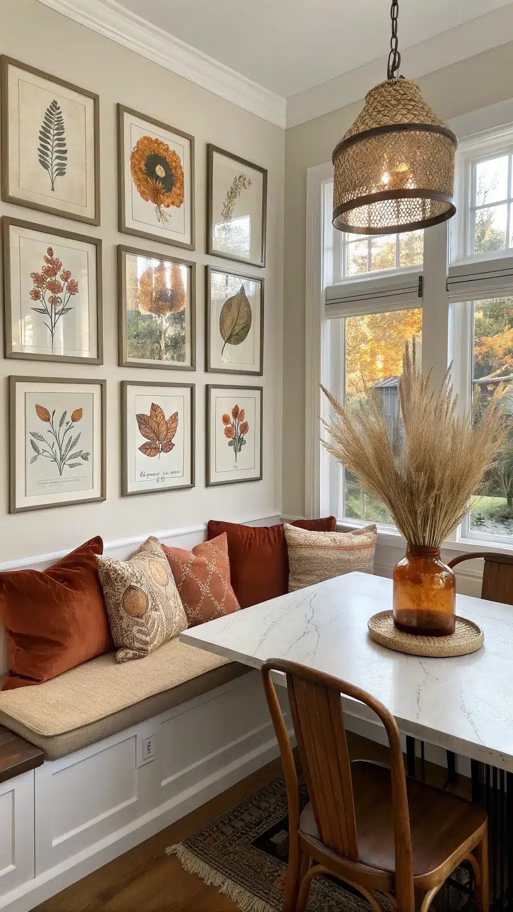 Cozy hygge-style breakfast nook with bay window, gallery wall of vintage botanical prints, built-in bench with oatmeal linen cushion and rust pillows, preserved wheat in copper vases