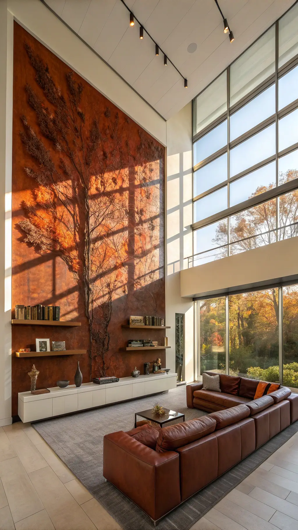 Contemporary living room with towering walls, floor-to-ceiling windows, large fall tapestry, low-profile leather sectional, floating copper shelves, ceramics, afternoon sun casting geometric shadows