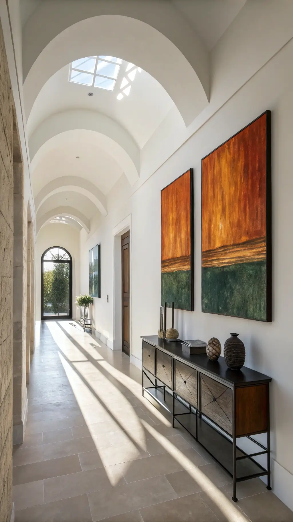 Minimalist hallway with high ceiling archway and abstract canvas prints in burnt orange tones