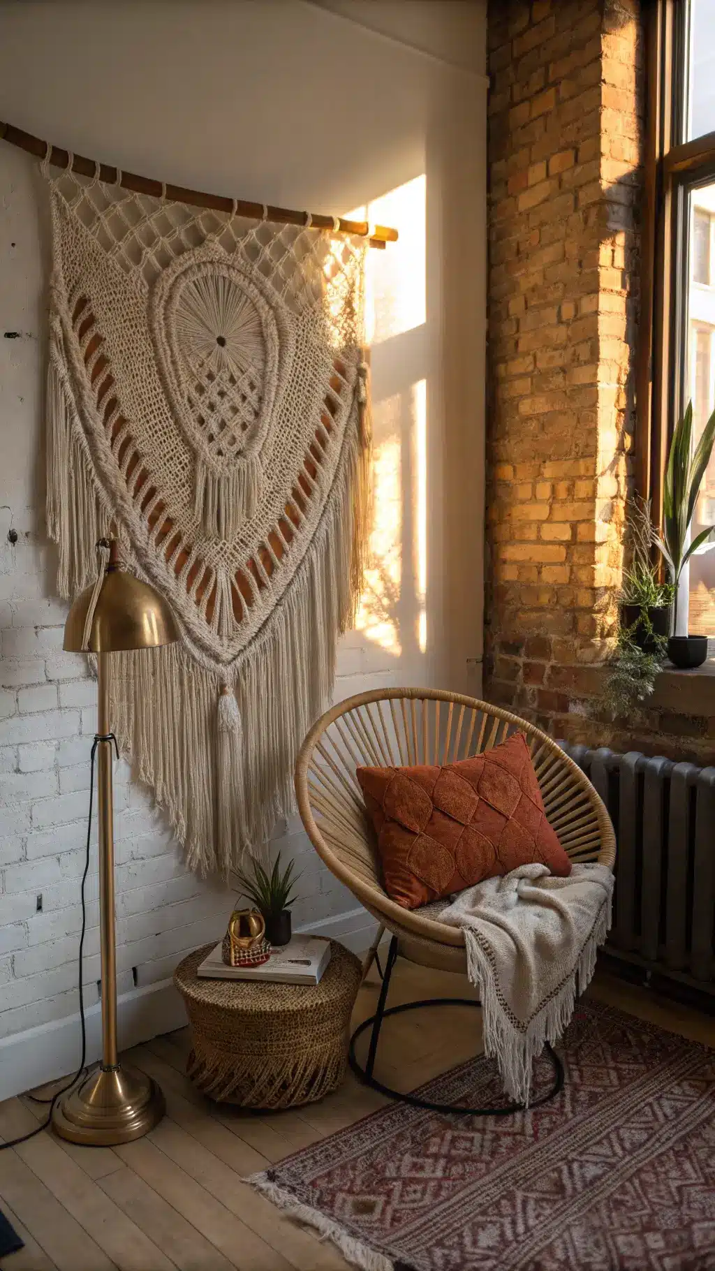 Bohemian sitting room with exposed brick wall, large macramé hanging, rattan peacock chair, rust-colored throw, vintage brass floor lamp during golden hour