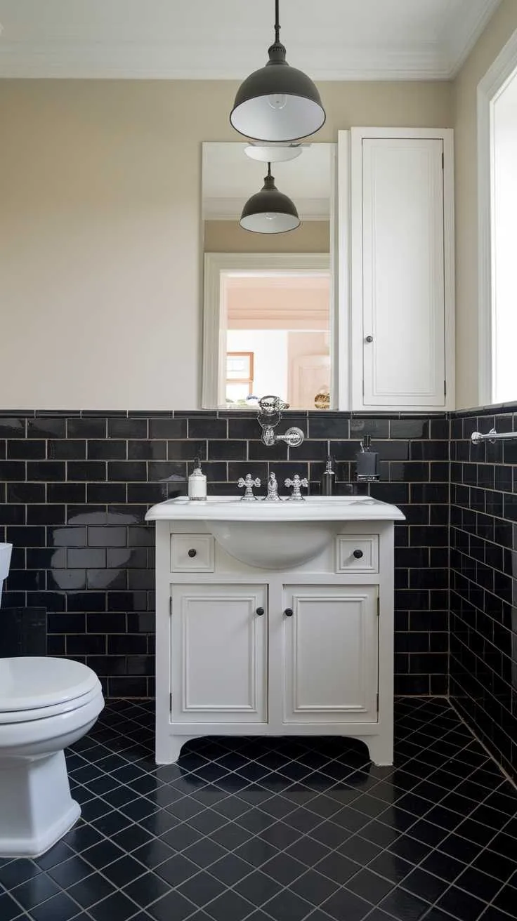 Bathroom with black tile walls and white accents