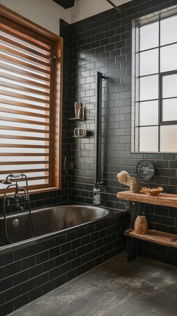 Bathroom with black brick tiles and vintage bathtub