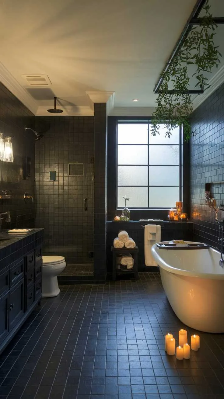 Spa-inspired bathroom with black tiles, candles, and soft lighting