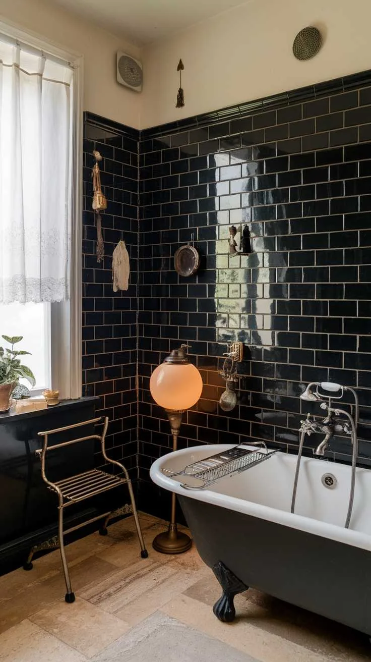 Bathroom with black subway tiles and vintage bathtub