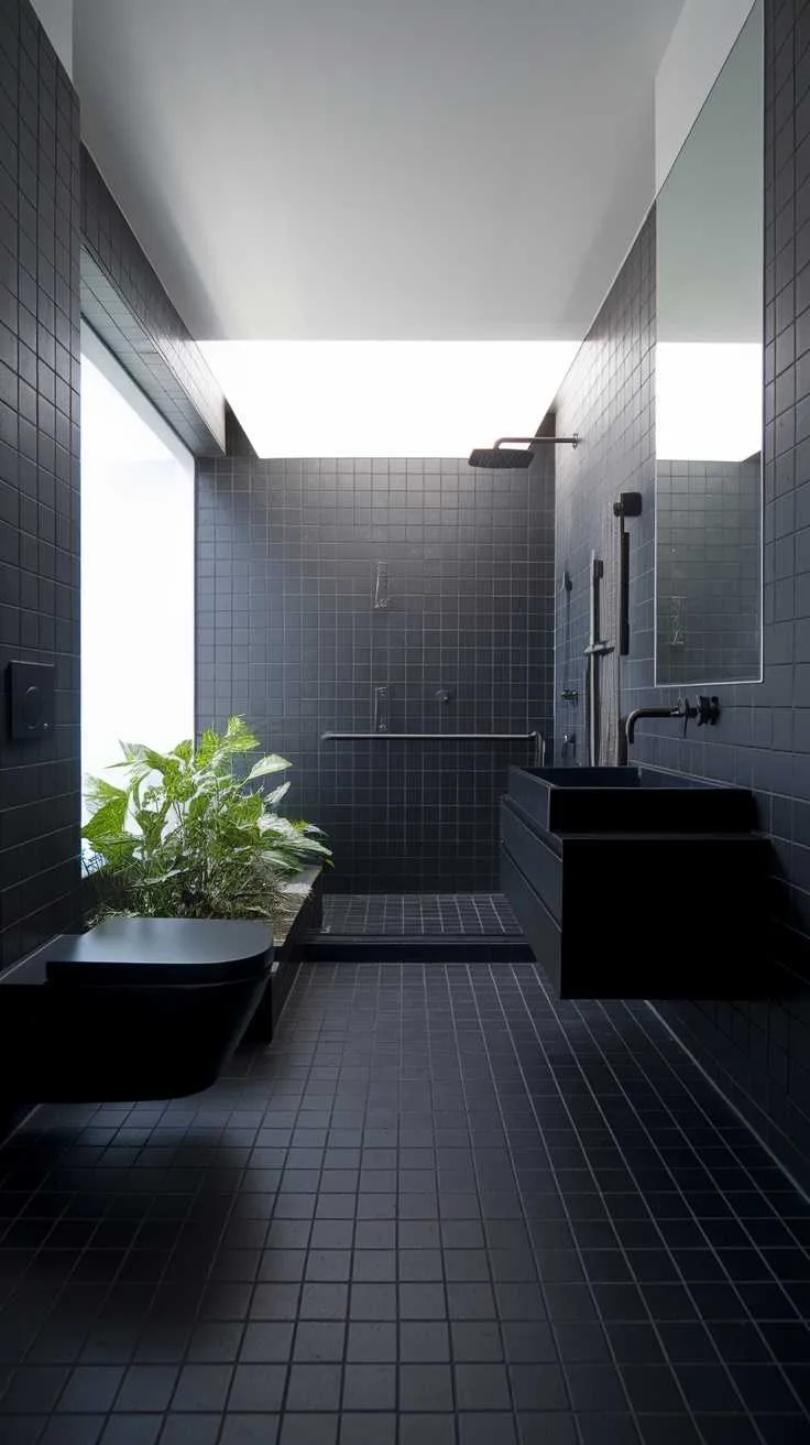 Modern bathroom with black tiles and greenery