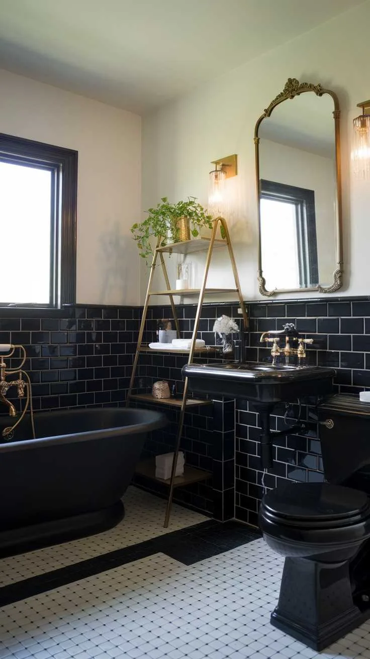 Elegant black tile bathroom with gold accents and shelving