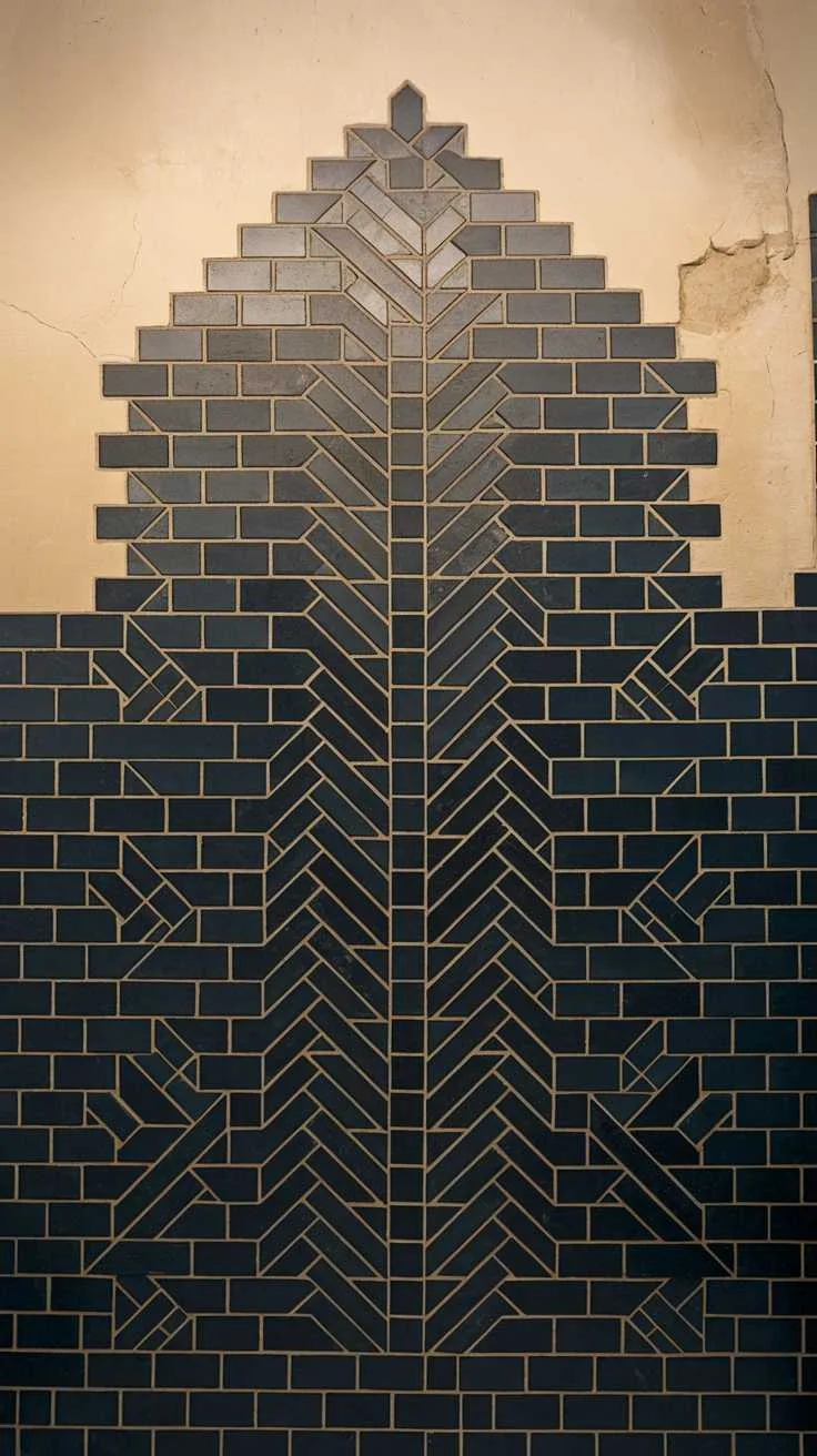Bathroom featuring black tile mosaic art