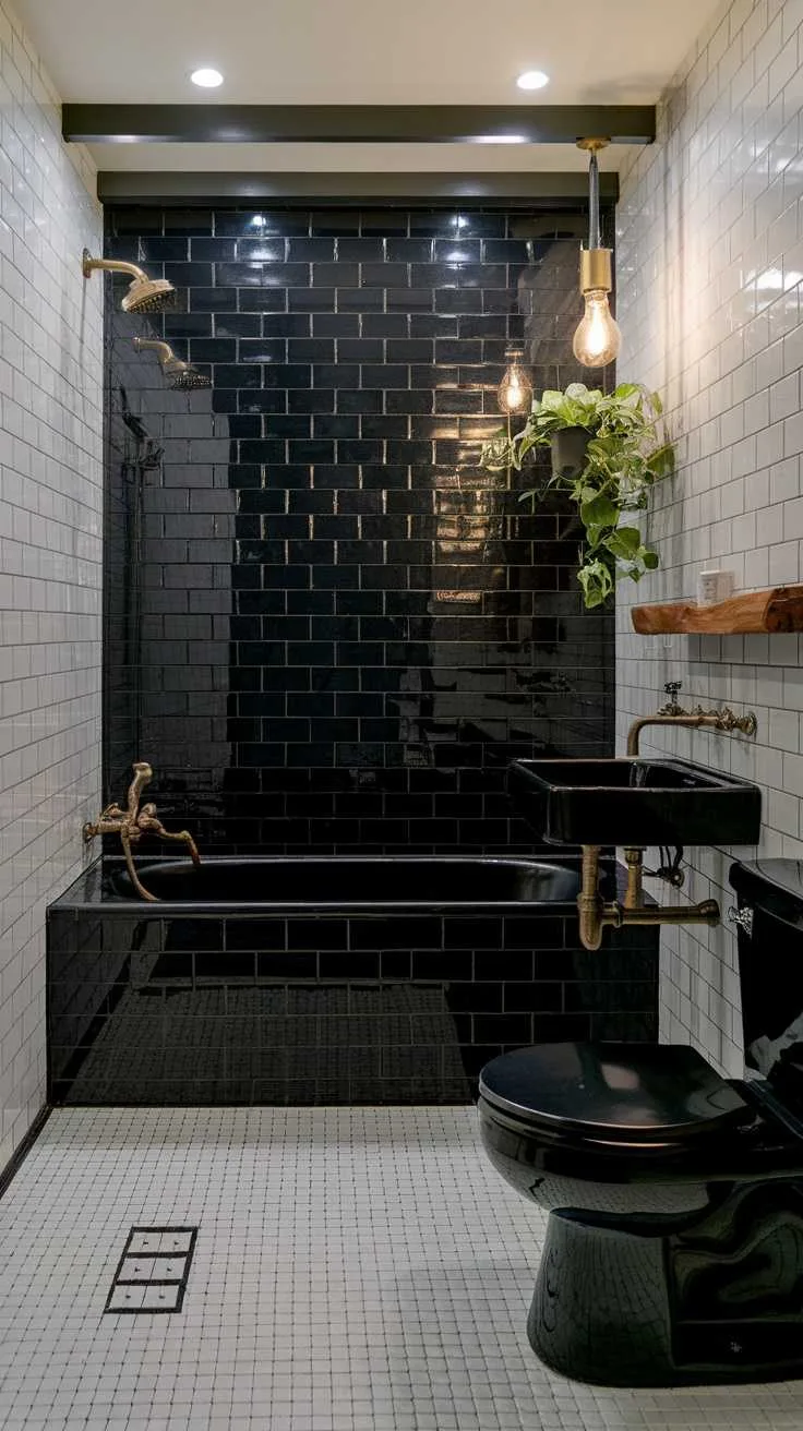 Modern bathroom with layered lighting and black tiles