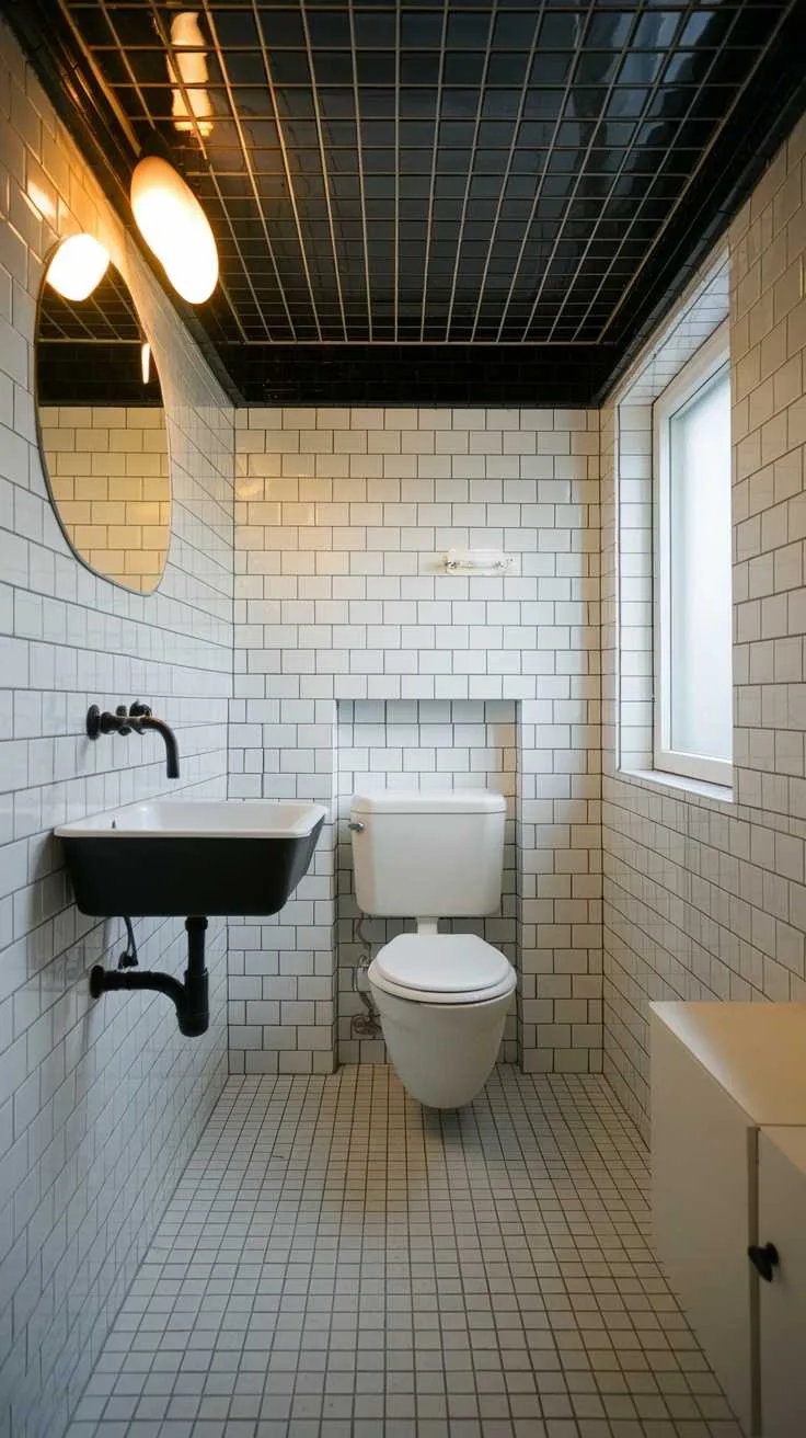 Bathroom with black tiled ceiling and white walls