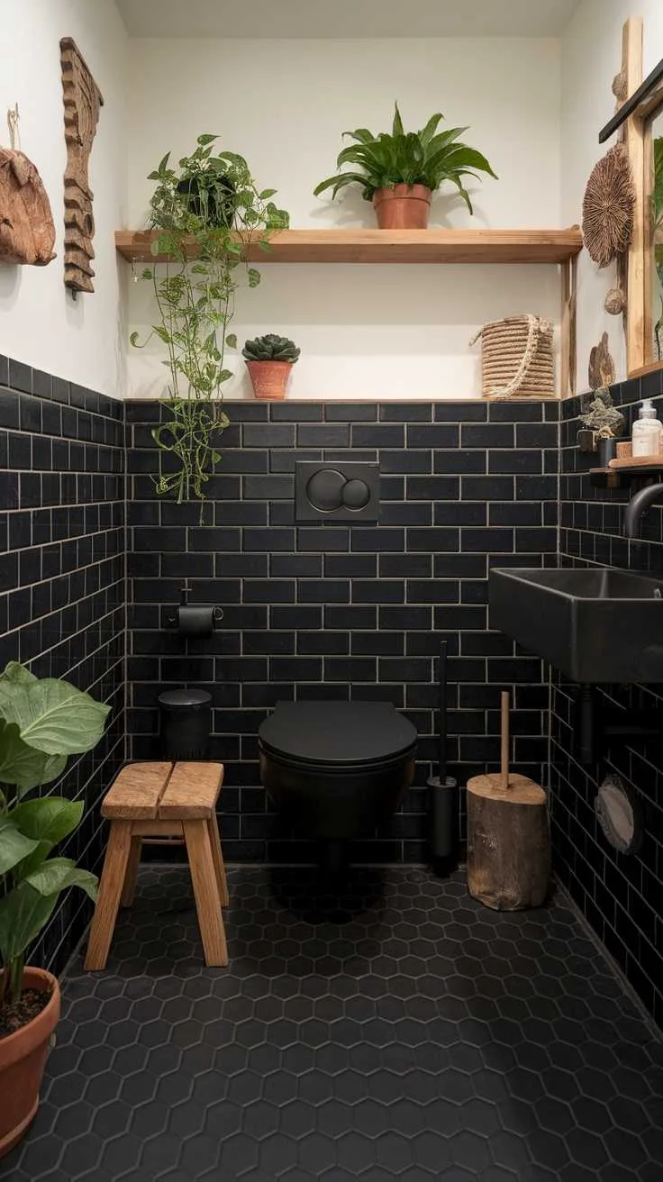 Nature-inspired bathroom with black tiles, wood accents, and plants