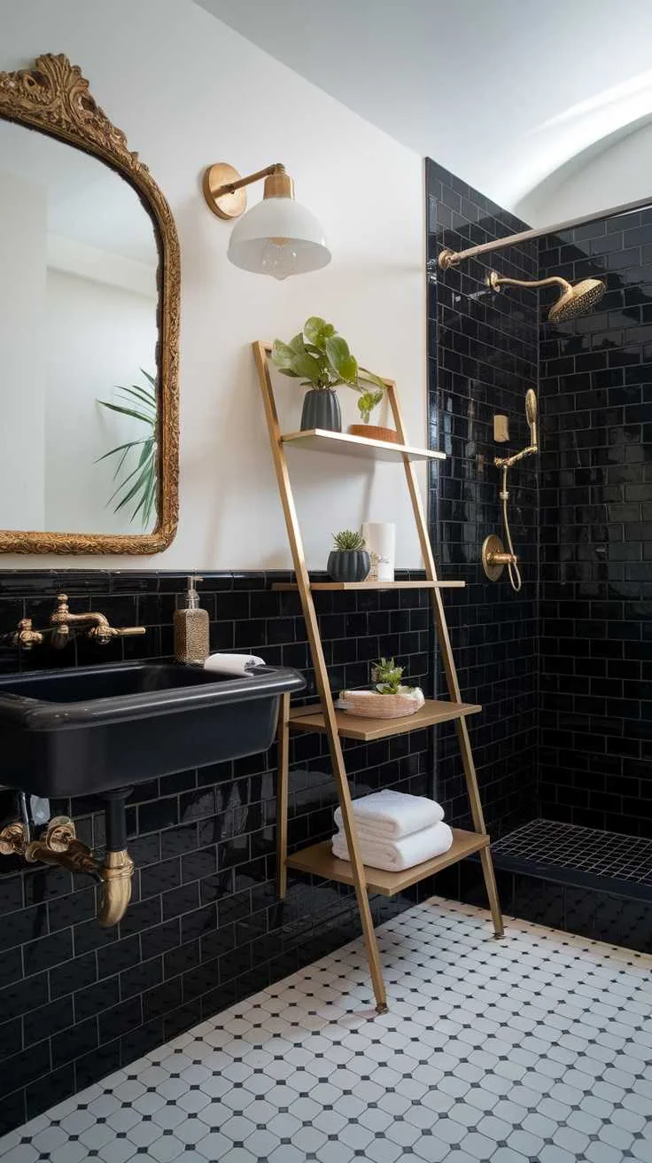Bathroom with black tiles and modern light fixture