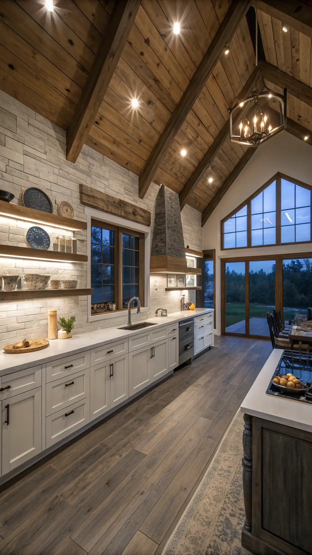 Spacious kitchen with vaulted ceiling, open reclaimed barn wood shelves, white ironstone collection, vintage scales, and mercury glass accents illuminated by warm lighting