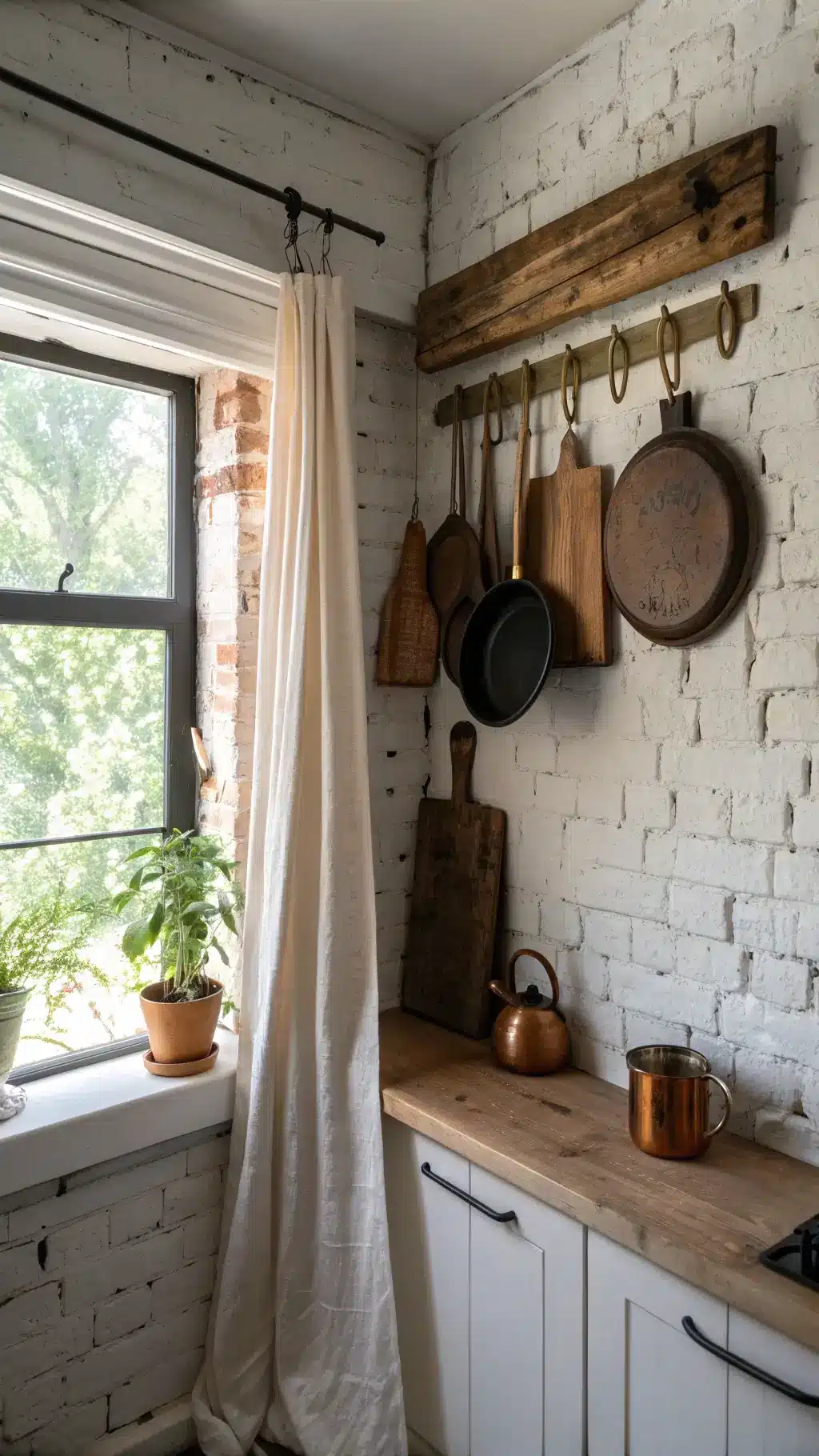 Cozy kitchen nook featuring antique bread boards on weathered white brick, black pot rack with copper pans, and linen cafe curtains illuminated by soft morning light
