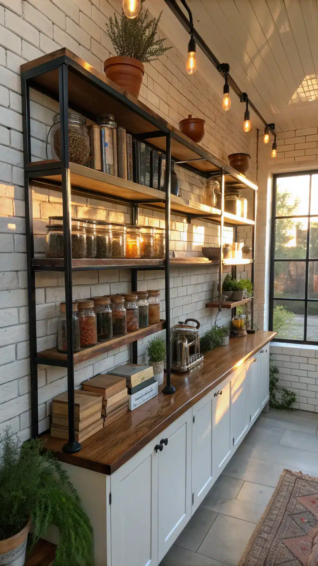 Industrial-style galley kitchen with copper and green accents, metal and wood shelving, mason jars filled with dried herbs, vintage cookbooks, and measuring cups