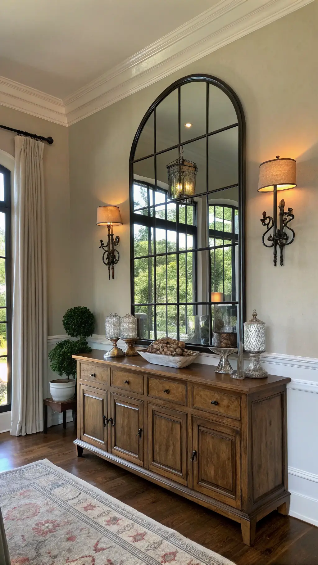 Dining area wall featuring black-framed window mirror, iron sconces, and antique buffet with vintage silver collection bathed in warm morning light