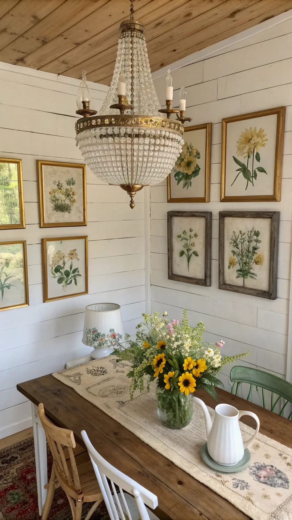 Rustic breakfast nook with vintage botanical prints, crystal chandelier, farm table, and fresh wildflowers in a white pitcher
