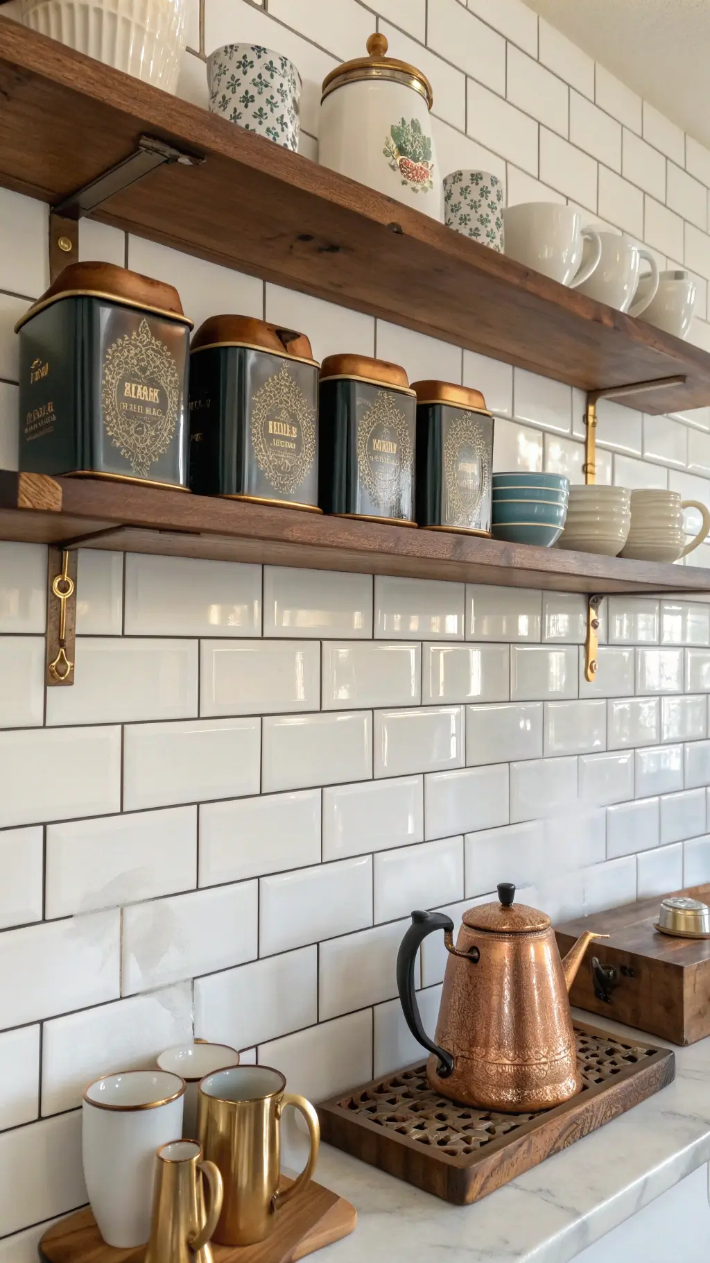 Coffee station wall with vintage tins, ceramic mugs on wooden shelves, white subway tile backdrop, steam rising from copper kettle, and brass accents