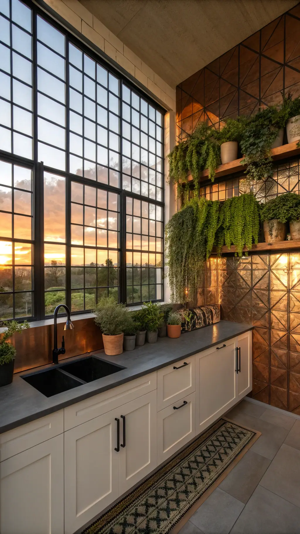 Kitchen prep area illuminated by sunset light through tall black grid windows, showcasing copper molds on the wall, trailing plants, and warm-toned shelving