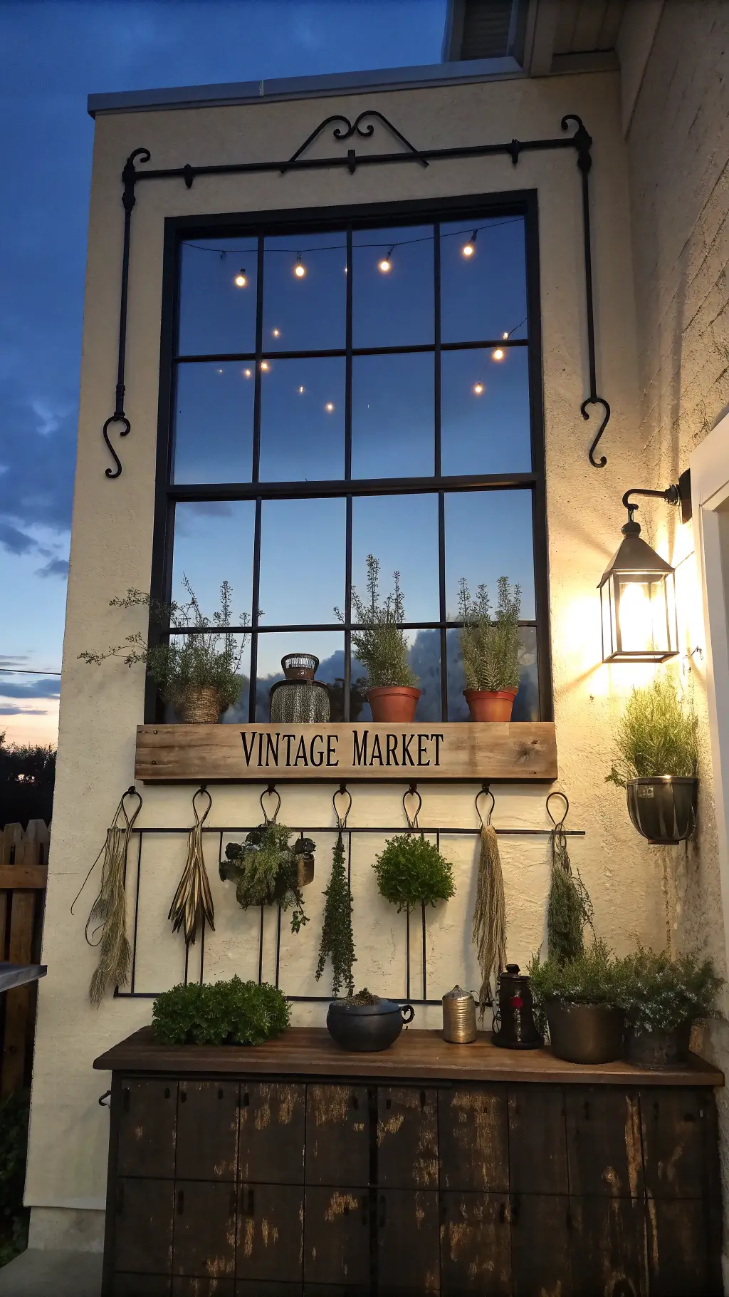 Dramatic kitchen wall at dusk featuring oversized antique window frame art, black iron herb drying racks, and vintage distressed wood market sign with moody lighting