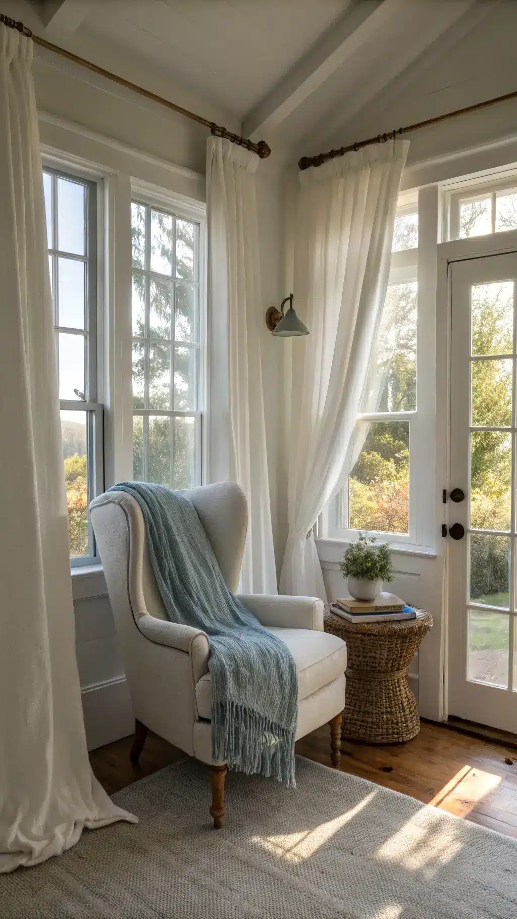Bright reading nook in a farmhouse with floor-to-ceiling windows, white curtains, vintage cotton duck upholstered chair, raw wood side table, and blue-grey handwoven throw blanket
