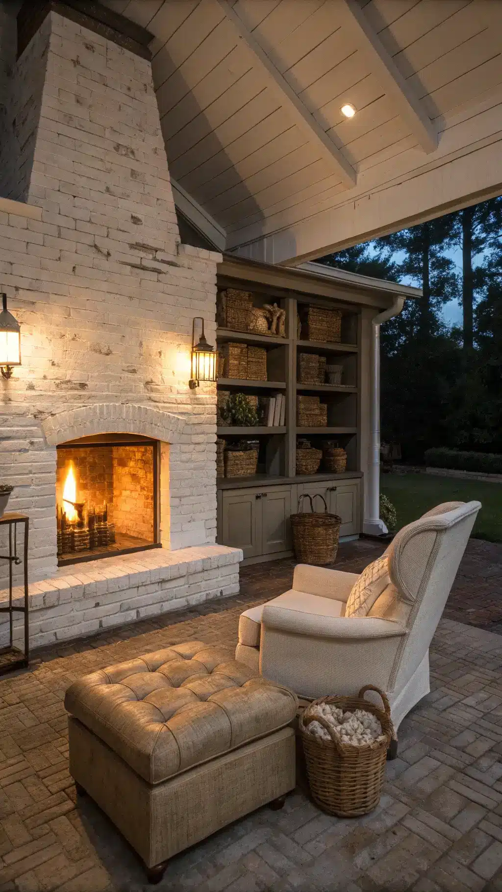 Cozy and intimate farmhouse sitting area at dusk with a large brick fireplace, linen armchair, leather ottoman, brass lamp creating warm light