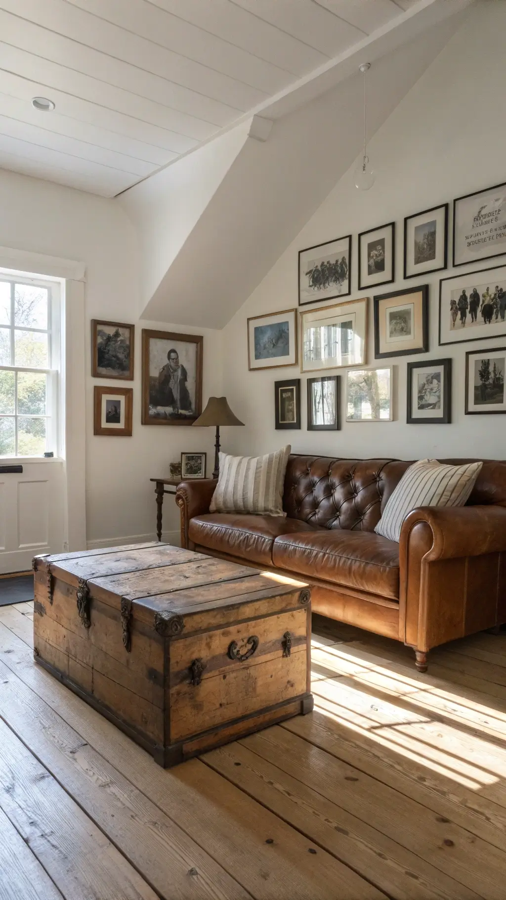 Transitional space with afternoon light highlighting pine floors, modern farmhouse leather sofa, antique trunk coffee table, and gallery wall with family photos in distressed frames