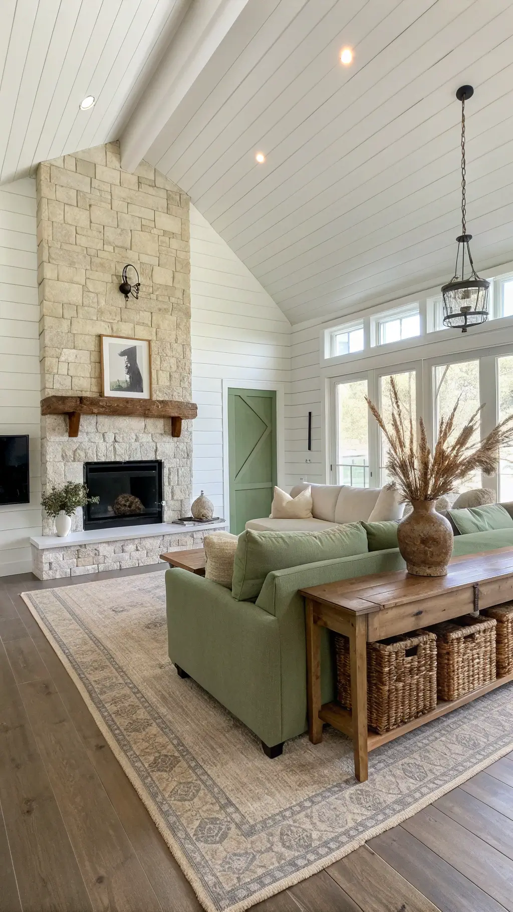 Spacious open-concept great room with white shiplap accent wall, sage green built-ins, natural linen sectional near stone fireplace, vintage farm table console, and organic cotton stems arrangement in earthenware vase