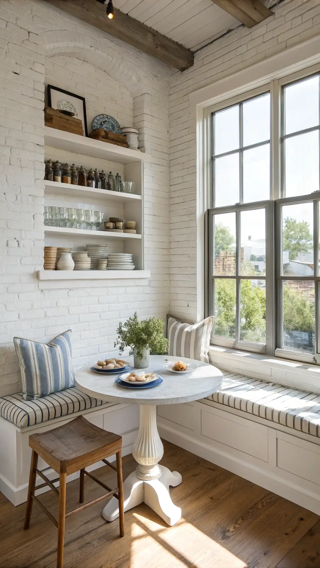 Bright inviting breakfast nook with white brick walls, industrial windows, built-in bench, striped cushions, distressed pedestal table, and open shelves with ironstone collection flooded with morning light