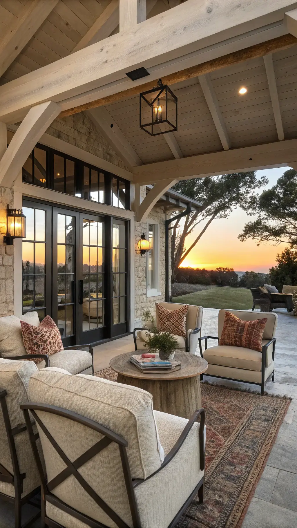 Rustic entertainment space at sunset with white oak beams, dark iron hardware, slipcovered swivel chairs, oval coffee table, vintage kilim pillows, and golden hour lighting through windows
