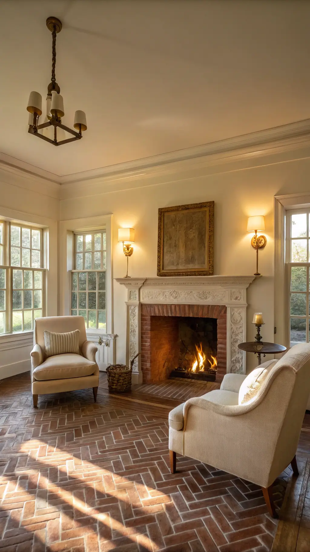 Elegant sitting room bathed in late afternoon glow featuring a German smear fireplace, antique mantel, matching bergère chairs in natural linen, brass floor lamps and herringbone brick hearth