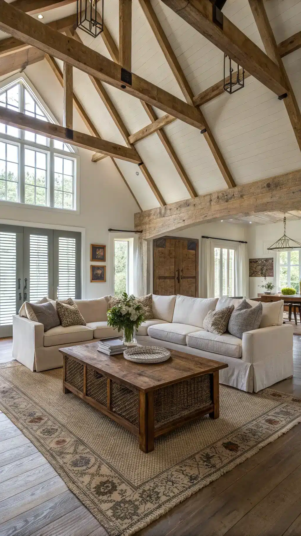 Sophisticated great room with cathedral ceiling, rough-hewn beams, Belgian linen sectional, reclaimed wood coffee table, layered rugs, and diffuse natural light from plantation shutters