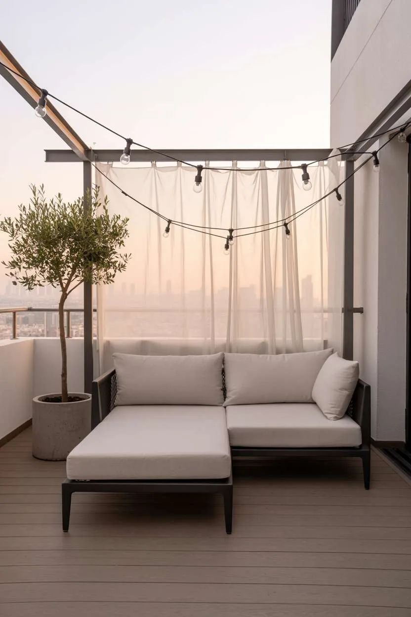 Modern balcony with dark grey sectional, white cushions, and olive tree planter