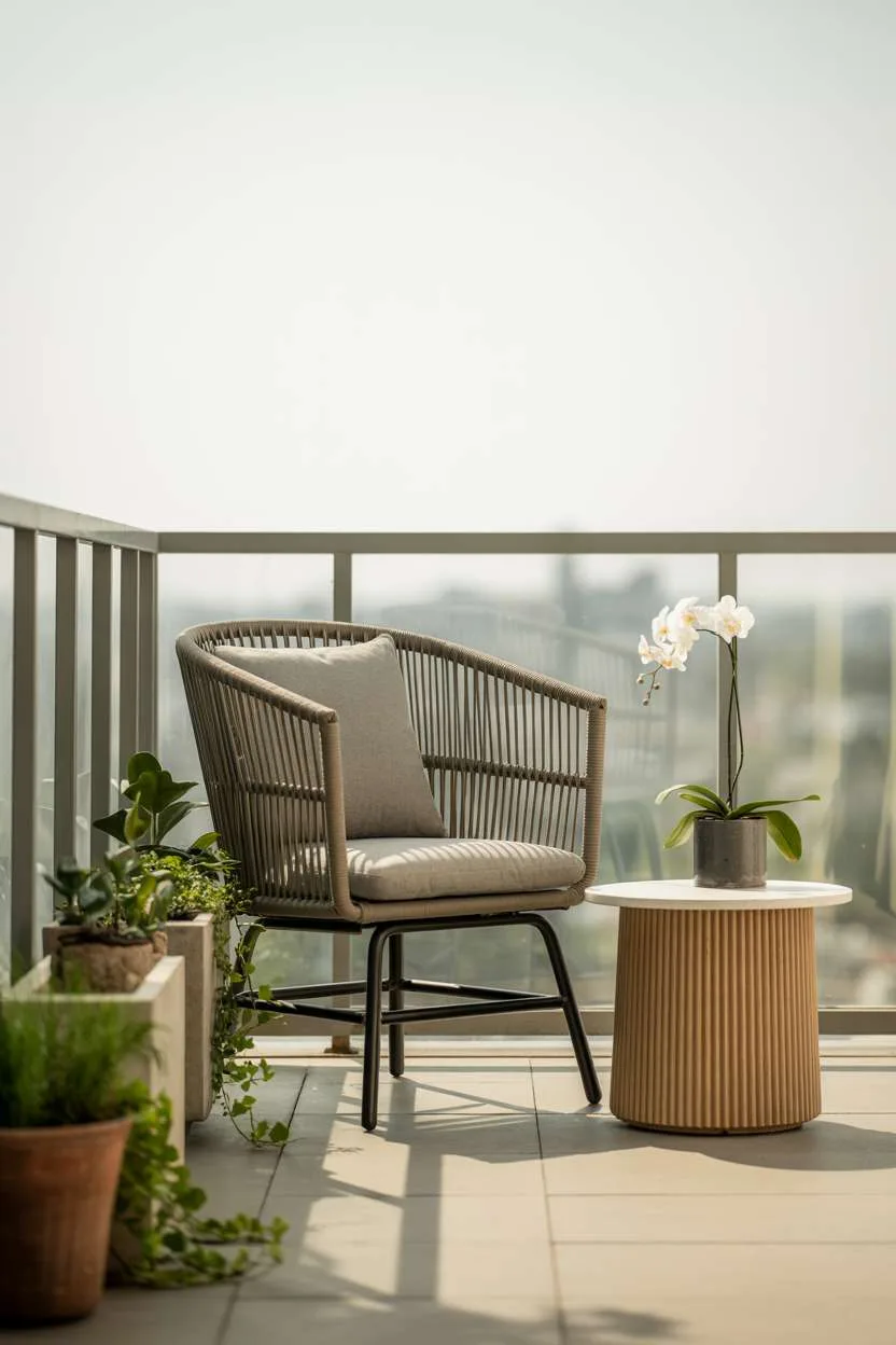 Modern balcony featuring rattan chair with grey cushions and small wooden table